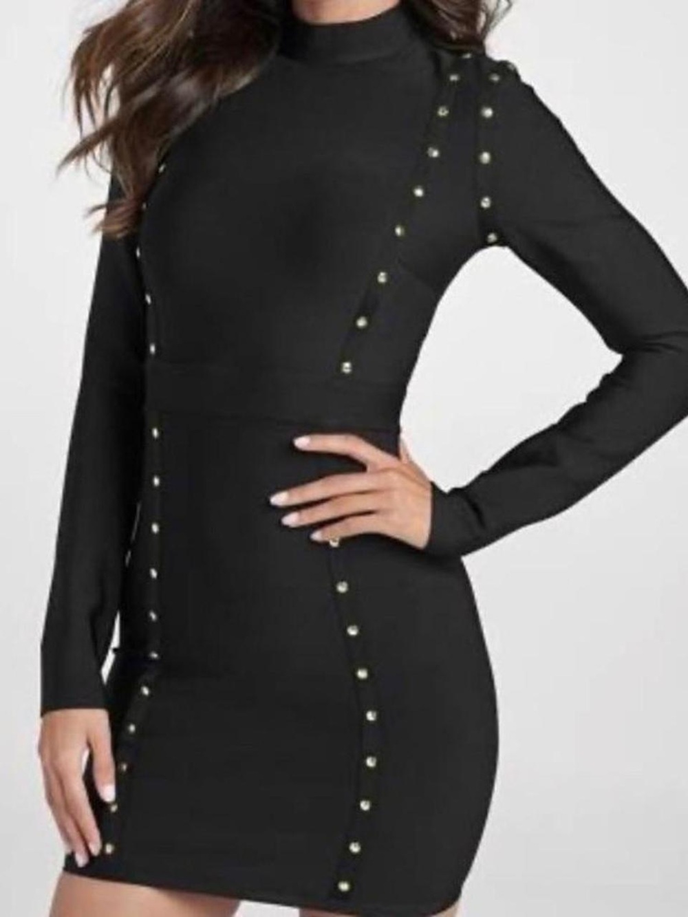 VENUS Black Long-Sleeve Bodycon Dress with Gold Studs